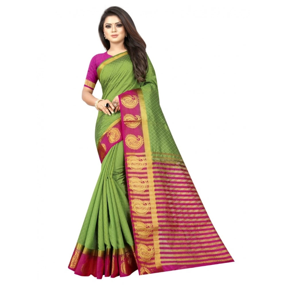 Generic Women's Kanjivaram Silk Saree With Unstitched Blouse Piece (Green, 5-6 Mtrs)