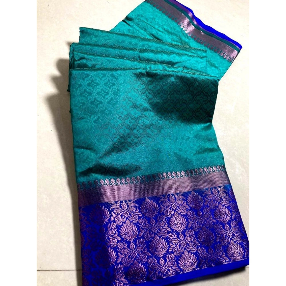 Generic Women's Kanjivaram Silk Saree With Unstitched Blouse Piece (Turquoise Green, 5-6 Mtrs)