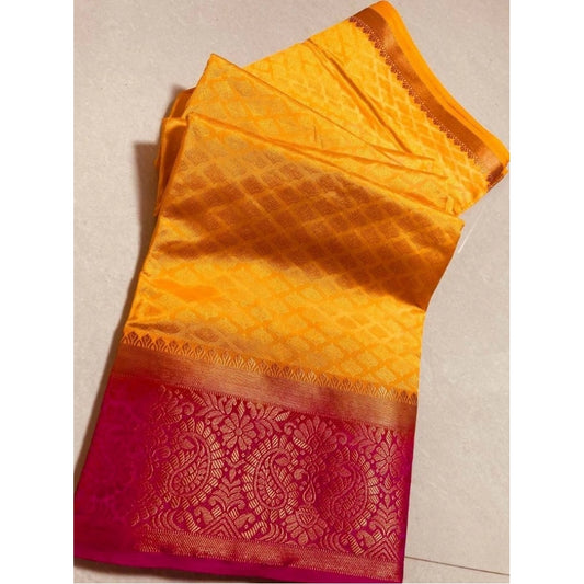 Generic Women's Kanjivaram Silk Saree With Unstitched Blouse Piece (Yellow, 5-6 Mtrs)