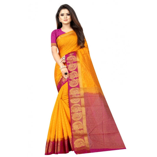 Generic Women's Kanjivaram Silk Saree With Unstitched Blouse Piece (Yellow, 5-6 Mtrs)