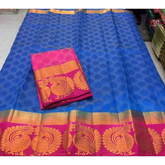 Generic Women's Kanjivaram Silk Saree With Unstitched Blouse Piece (Blue, 5-6 Mtrs)