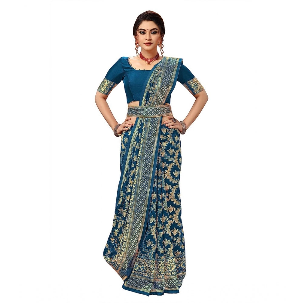 Generic Women's Damask Pattern Jacquard Woven Banarasi Art Silk Saree With Unstitched Blouse Piece (Teal Blue, 5-6mtrs)