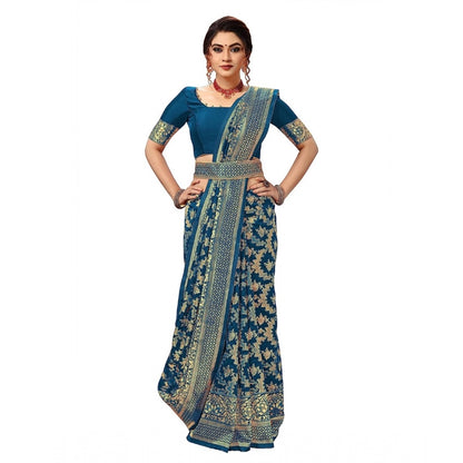 Generic Women's Damask Pattern Jacquard Woven Banarasi Art Silk Saree With Unstitched Blouse Piece (Teal Blue, 5-6mtrs)