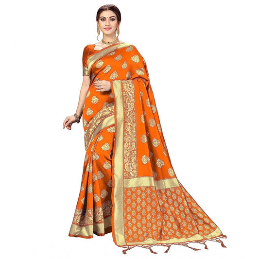 Generic Women's Kanjivaram Style Floral design Jacquard Zari Woven Banarasi Art Silk Saree With Unstitched Blouse Piece (Orange, 5-6mtrs)