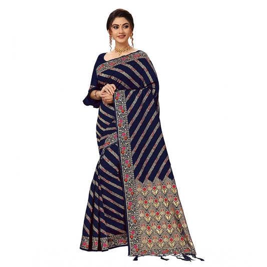 Generic Women's Floral Striped Pattern Jacquard Woven Banarasi Art Silk Saree With Unstitched Blouse Piece (Blue, 5-6mtrs)