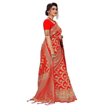 Generic Women's Damask Pattern Jacquard Woven Banarasi Art Silk Saree With Unstitched Blouse Piece (Red, 5-6mtrs)