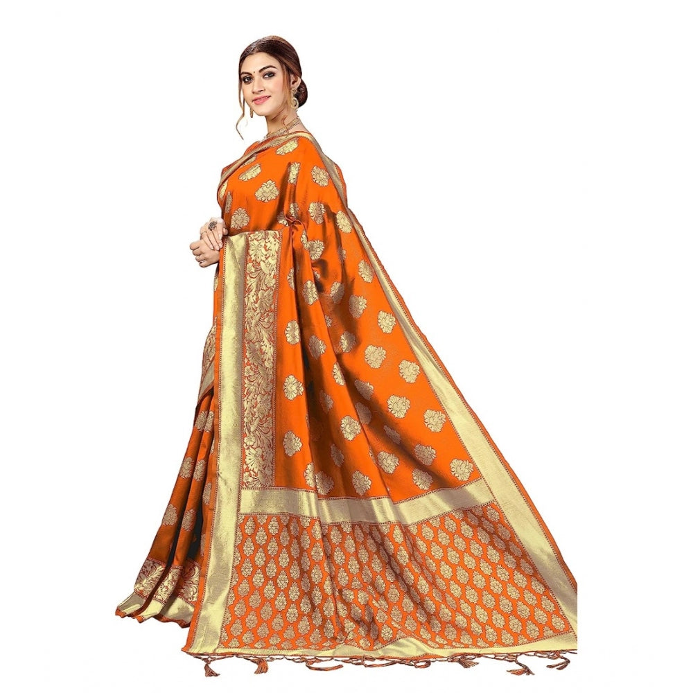 Generic Women's Kanjivaram Style Floral design Jacquard Zari Woven Banarasi Art Silk Saree With Unstitched Blouse Piece (Orange, 5-6mtrs)