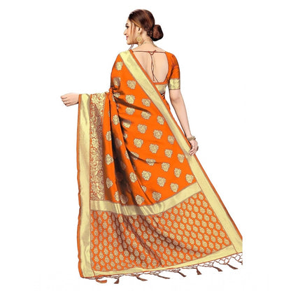 Generic Women's Kanjivaram Style Floral design Jacquard Zari Woven Banarasi Art Silk Saree With Unstitched Blouse Piece (Orange, 5-6mtrs)