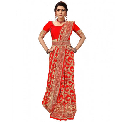 Generic Women's Damask Pattern Jacquard Woven Banarasi Art Silk Saree With Unstitched Blouse Piece (Red, 5-6mtrs)