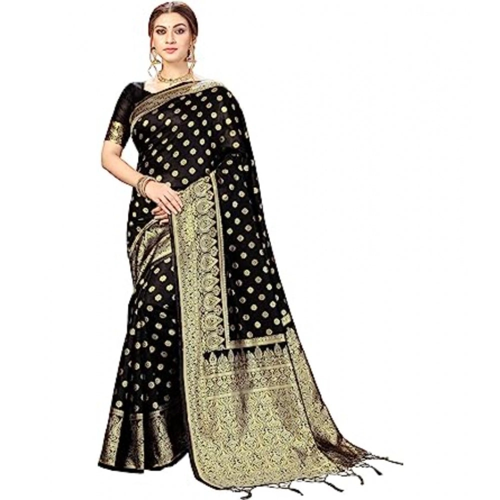 Generic Women's Floral Pattern Jacquard Woven Banarasi Art Silk Saree With Unstitched Blouse Piece (Black, 5-6mtrs)