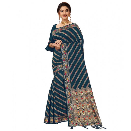 Generic Women's Floral Striped Pattern Jacquard Woven Banarasi Art Silk Saree With Unstitched Blouse Piece (Teal Blue, 5-6mtrs)