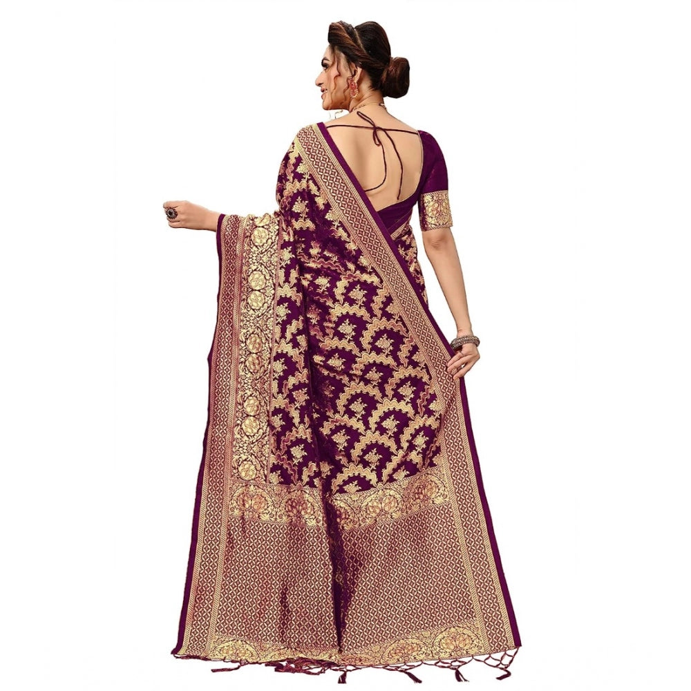 Generic Women's Damask Pattern Jacquard Woven Banarasi Art Silk Saree With Unstitched Blouse Piece (Purple, 5-6mtrs)