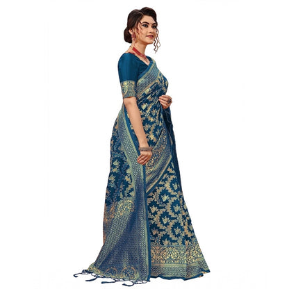 Generic Women's Damask Pattern Jacquard Woven Banarasi Art Silk Saree With Unstitched Blouse Piece (Teal Blue, 5-6mtrs)