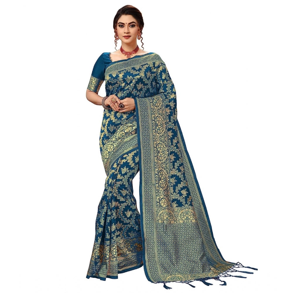 Generic Women's Damask Pattern Jacquard Woven Banarasi Art Silk Saree With Unstitched Blouse Piece (Teal Blue, 5-6mtrs)