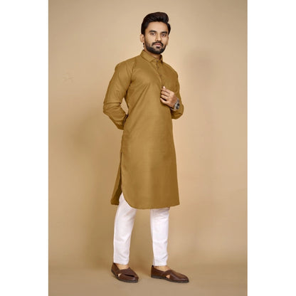 Generic Men's Cotton Blend Solid Full Sleeve Knee Length Kurta (Brown)