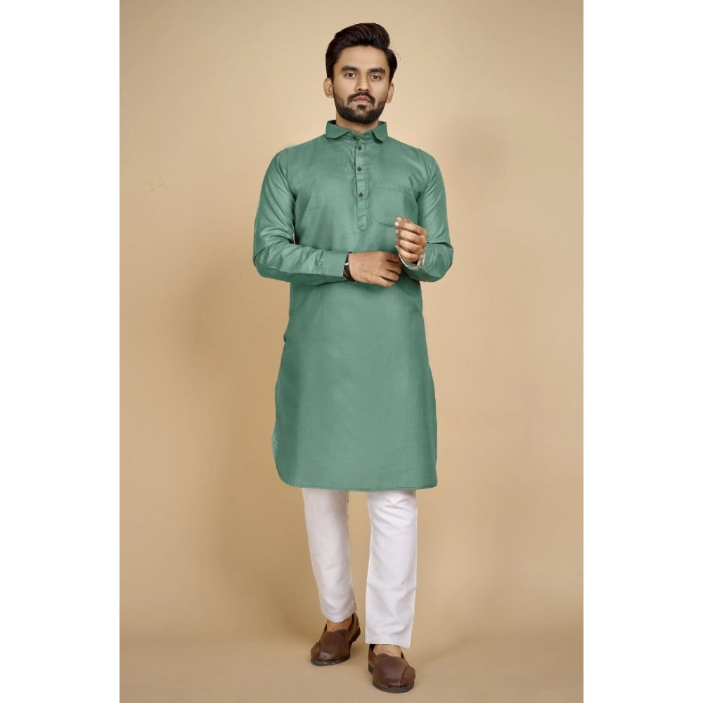 Generic Men's Cotton Blend Solid Full Sleeve Knee Length Kurta (Green)