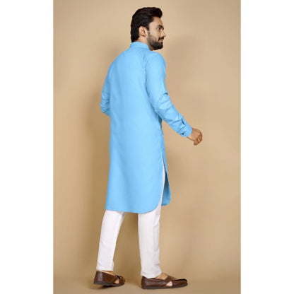 Generic Men's Cotton Blend Solid Full Sleeve Knee Length Kurta (Light Blue)