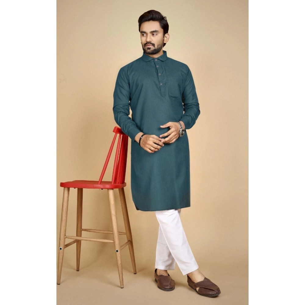 Generic Men's Cotton Blend Solid Full Sleeve Knee Length Kurta (Green)