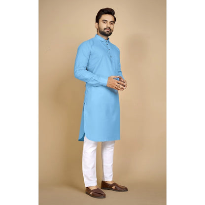 Generic Men's Cotton Blend Solid Full Sleeve Knee Length Kurta (Light Blue)