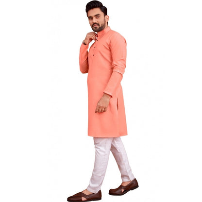 Generic Men's Cotton Blend Solid Full Sleeve Knee Length Kurta (Pink)