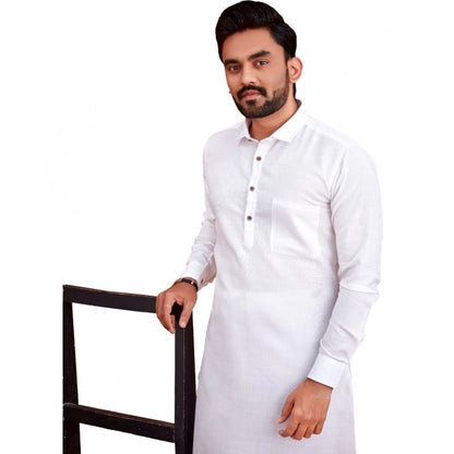 Generic Men's Cotton Blend Solid Full Sleeve Knee Length Kurta (White)