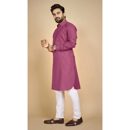 Generic Men's Cotton Blend Solid Full Sleeve Knee Length Kurta (Pink)