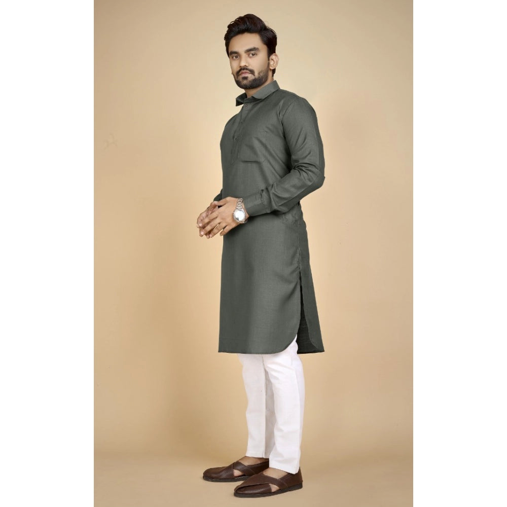 Generic Men's Cotton Blend Solid Full Sleeve Knee Length Kurta (Dark Green)