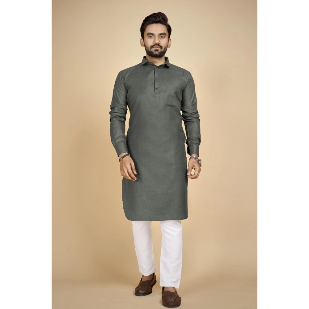 Generic Men's Cotton Blend Solid Full Sleeve Knee Length Kurta (Dark Green)