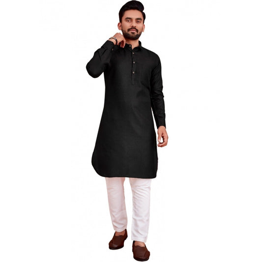 Generic Men's Cotton Blend Solid Full Sleeve Knee Length Kurta (Black)