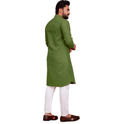 Generic Men's Cotton Blend Solid Full Sleeve Knee Length Kurta (Green)