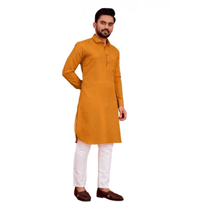 Generic Men's Cotton Blend Solid Full Sleeve Knee Length Kurta (Yellow)