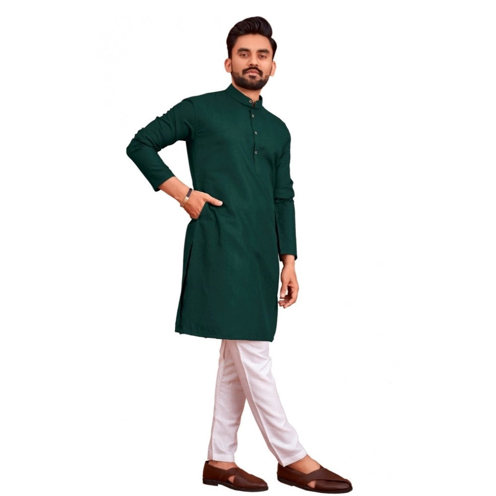 Generic Men's Cotton Blend Solid Full Sleeve Knee Length Kurta (Dark Green)