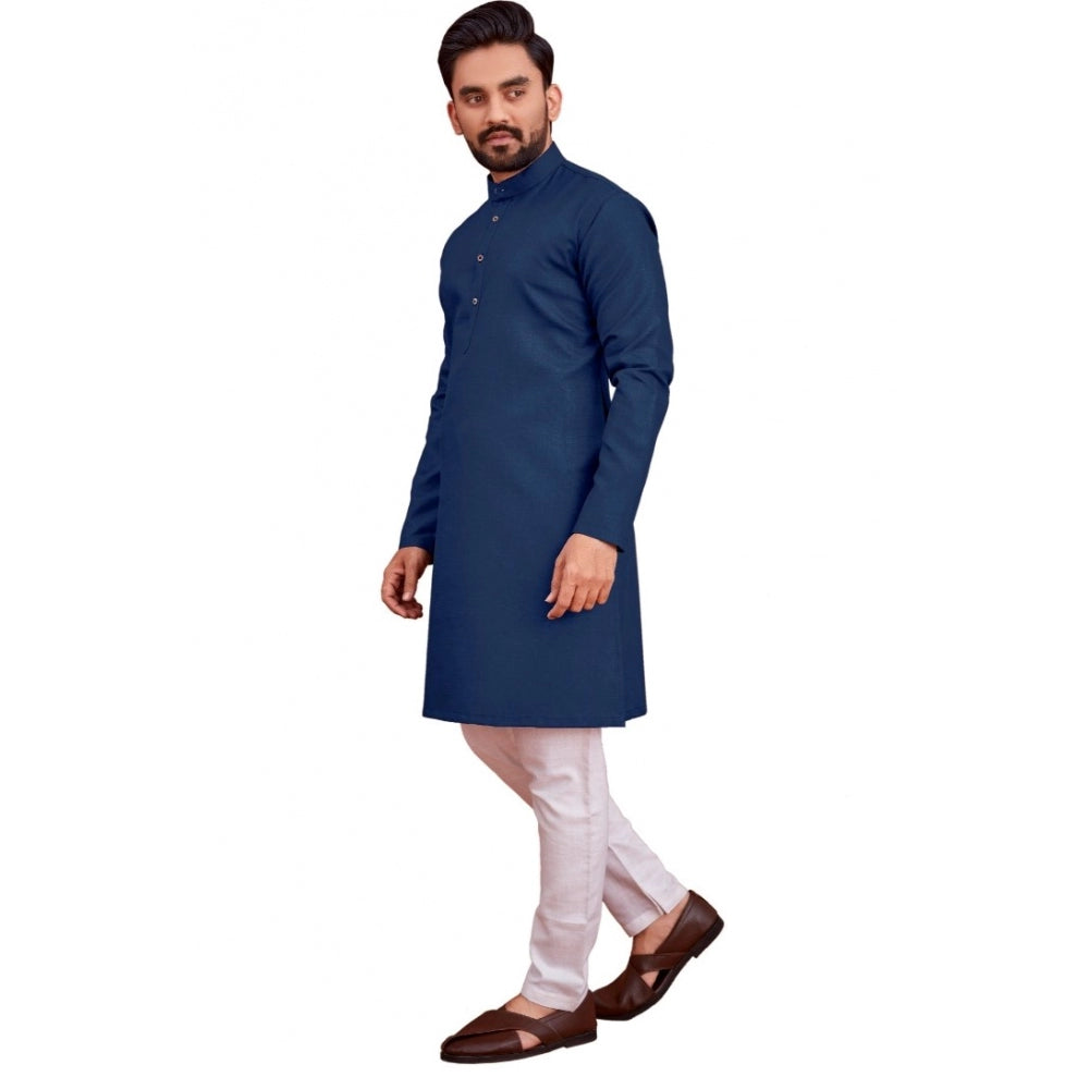 Generic Men's Cotton Blend Solid Full Sleeve Knee Length Kurta (Dark Blue)