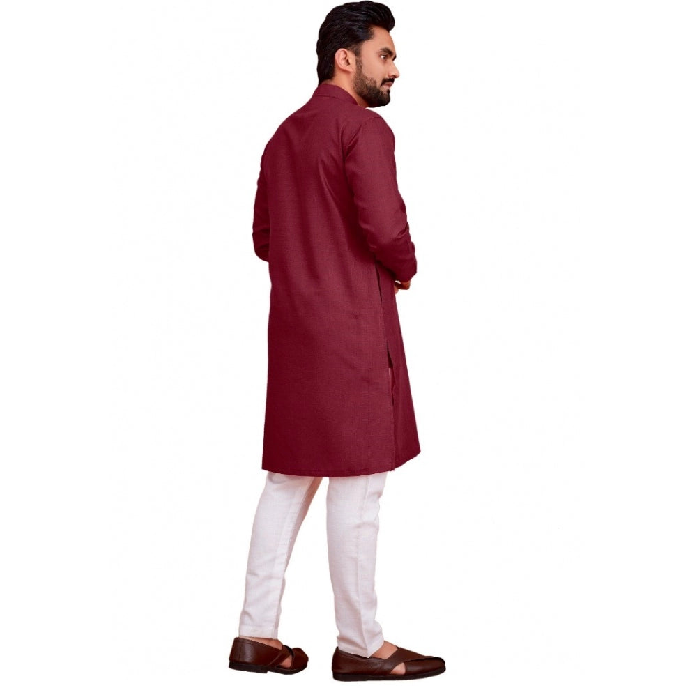 Generic Men's Cotton Blend Solid Full Sleeve Knee Length Kurta (Maroon)