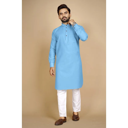 Generic Men's Cotton Blend Solid Full Sleeve Knee Length Kurta (Light Blue)