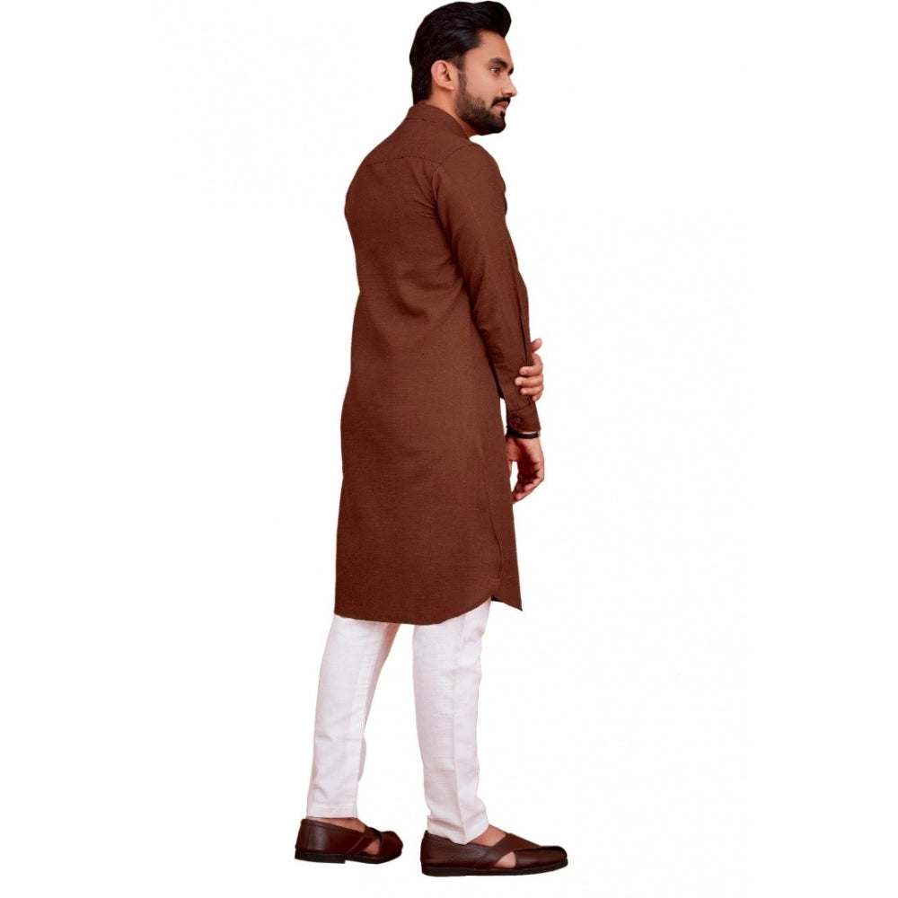 Generic Men's Cotton Blend Solid Full Sleeve Knee Length Kurta (Brown)