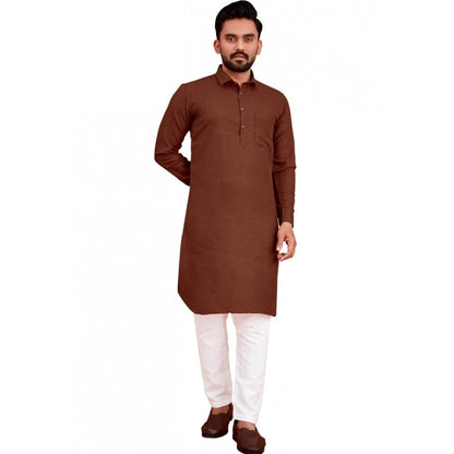 Generic Men's Cotton Blend Solid Full Sleeve Knee Length Kurta (Brown)