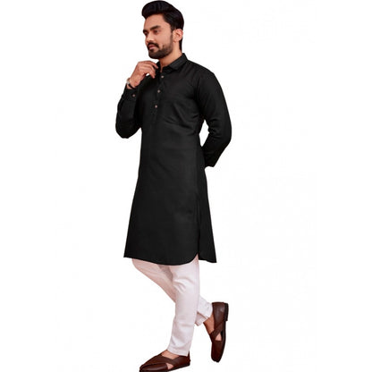 Generic Men's Cotton Blend Solid Full Sleeve Knee Length Kurta (Black)