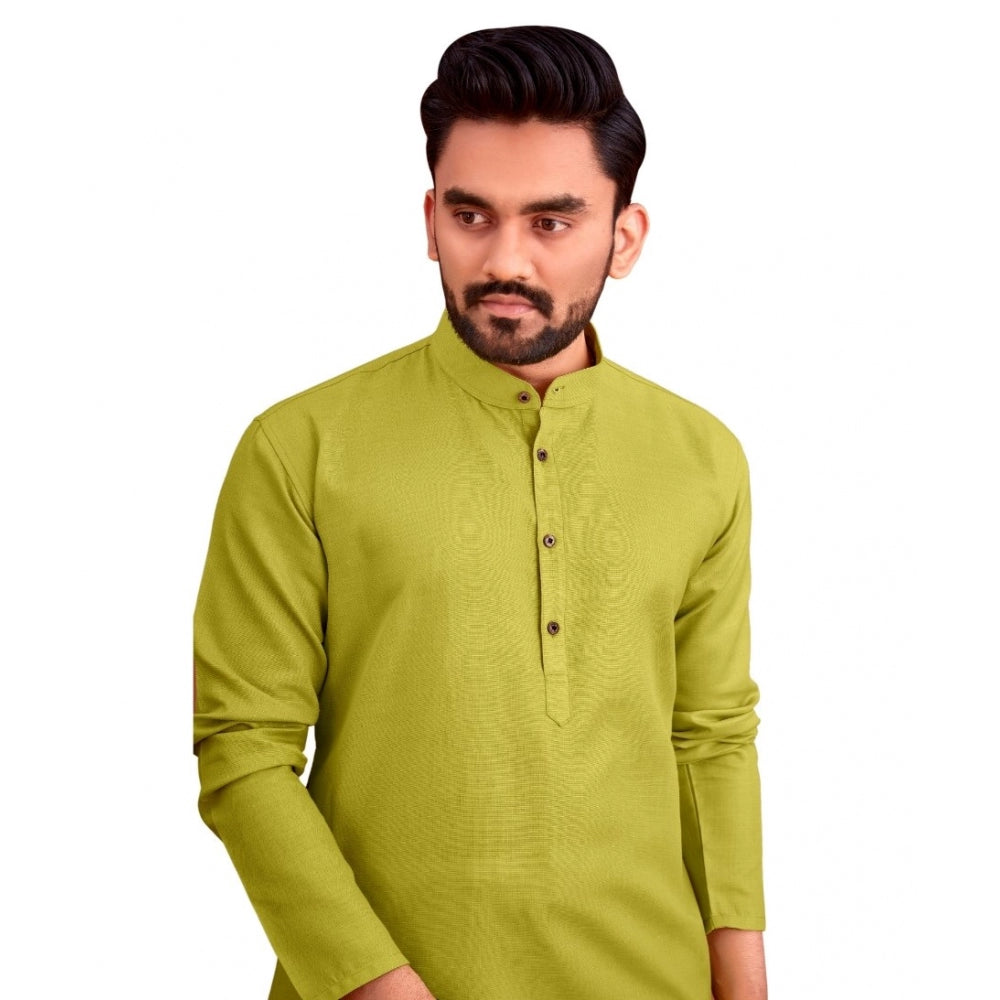 Generic Men's Cotton Blend Solid Full Sleeve Knee Length Kurta (Green)