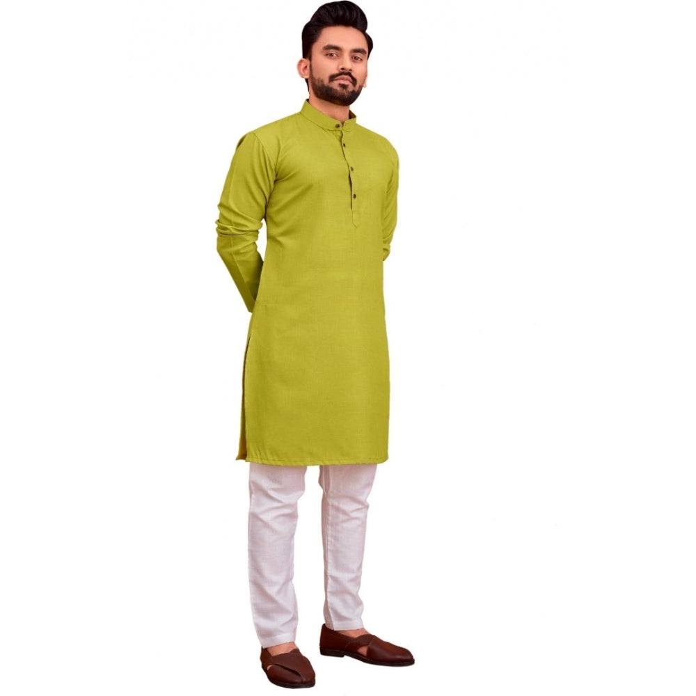 Generic Men's Cotton Blend Solid Full Sleeve Knee Length Kurta (Green)