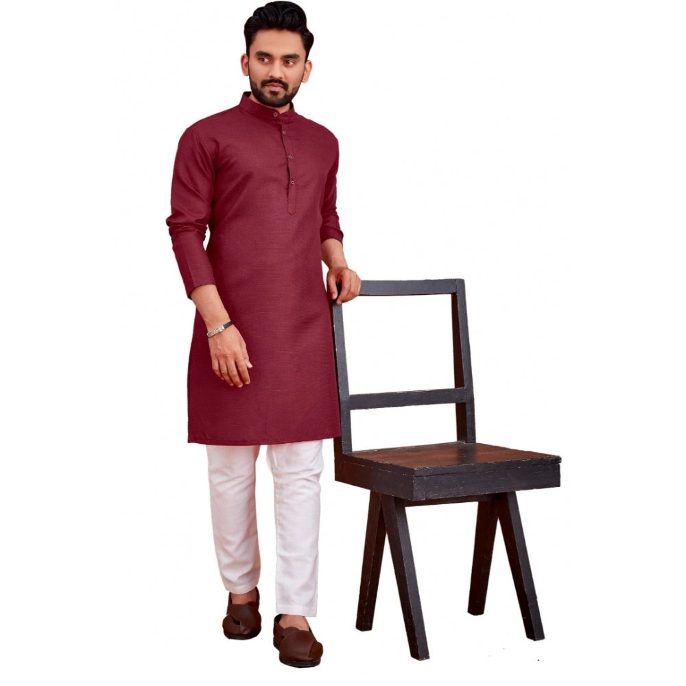 Generic Men's Cotton Blend Solid Full Sleeve Knee Length Kurta (Maroon)