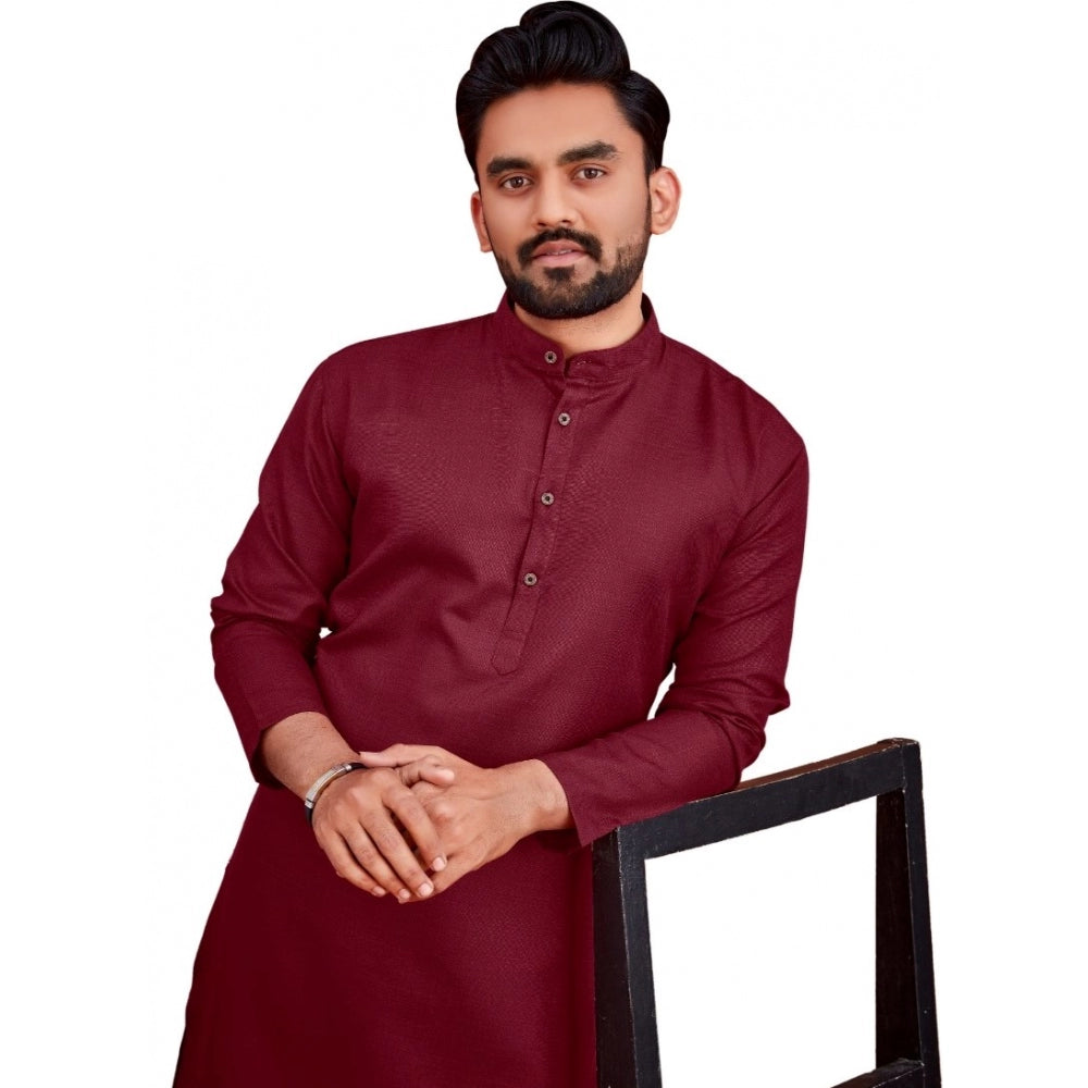 Generic Men's Cotton Blend Solid Full Sleeve Knee Length Kurta (Maroon)