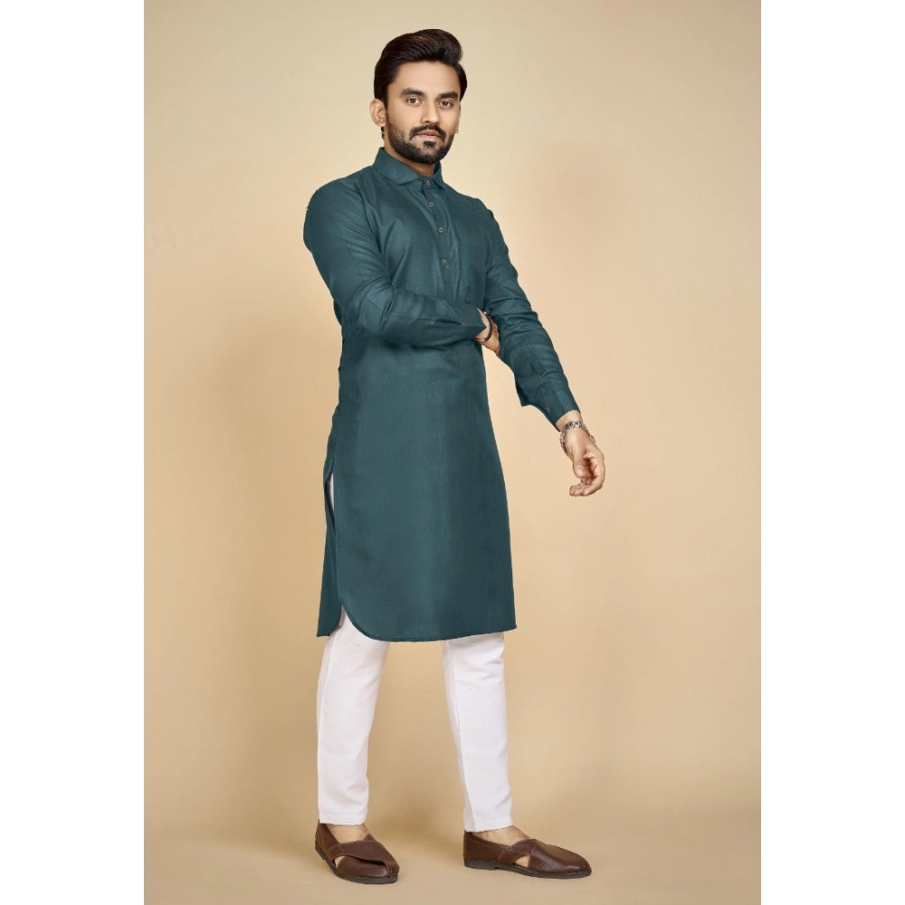 Generic Men's Cotton Blend Solid Full Sleeve Knee Length Kurta (Green)