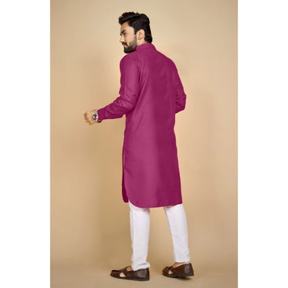 Generic Men's Cotton Blend Solid Full Sleeve Knee Length Kurta (Pink)