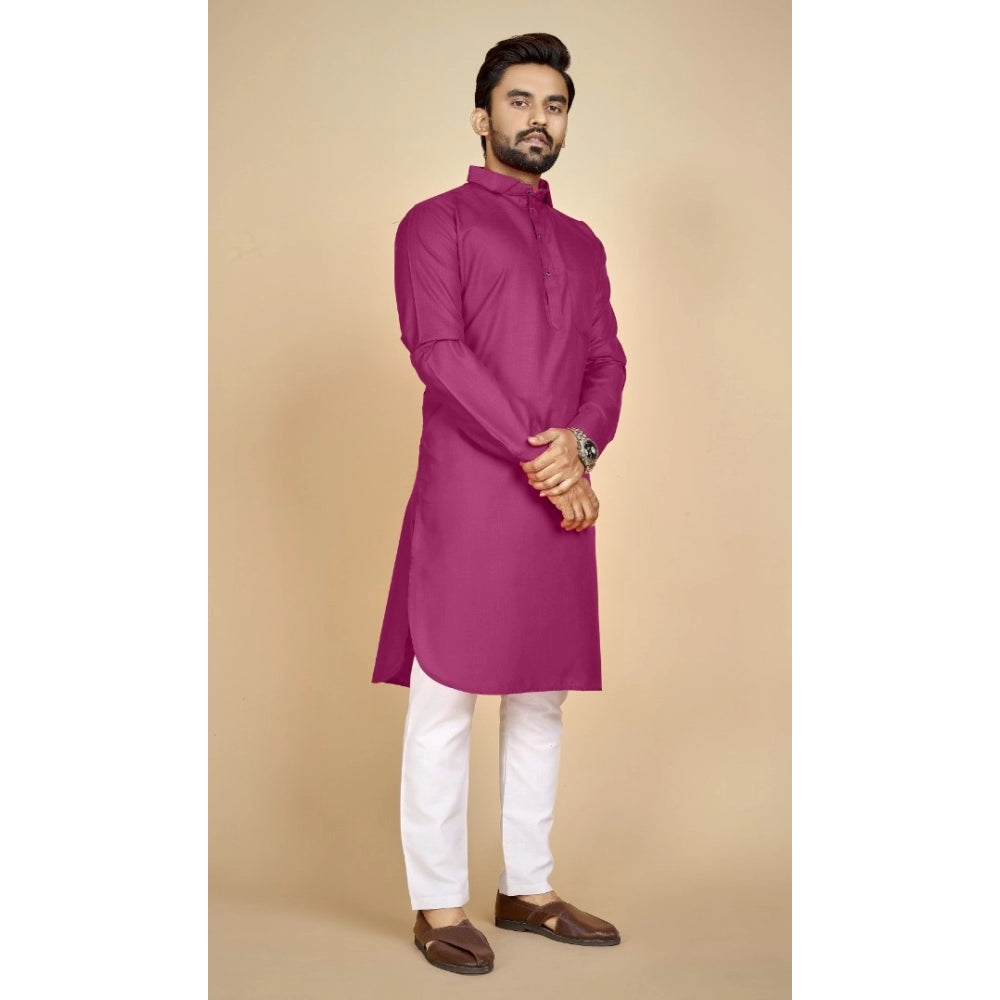 Generic Men's Cotton Blend Solid Full Sleeve Knee Length Kurta (Pink)