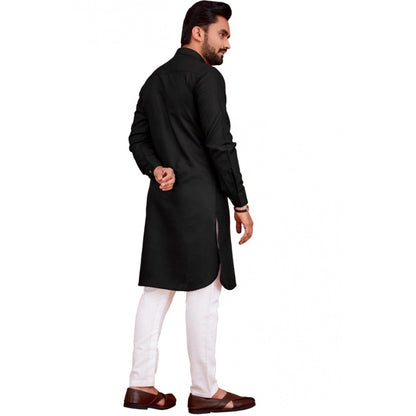 Generic Men's Cotton Blend Solid Full Sleeve Knee Length Kurta (Black)