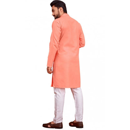 Generic Men's Cotton Blend Solid Full Sleeve Knee Length Kurta (Pink)