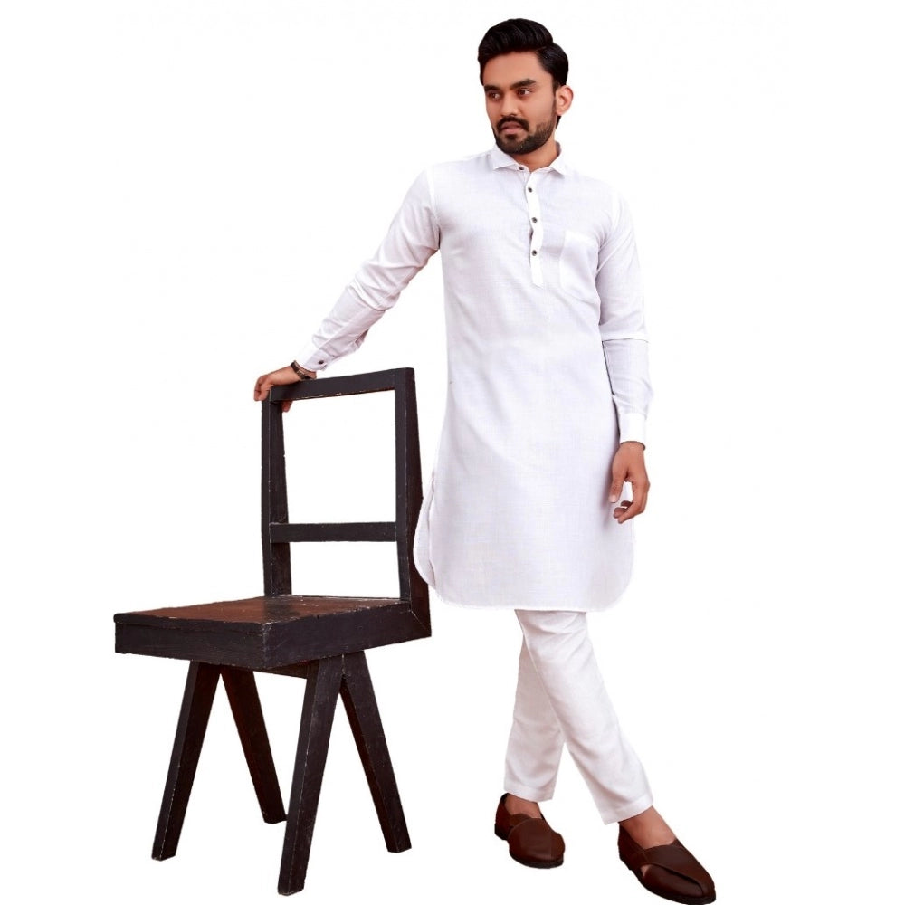 Generic Men's Cotton Blend Solid Full Sleeve Knee Length Kurta (White)