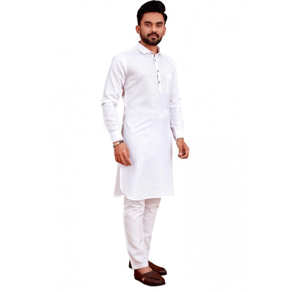 Generic Men's Cotton Blend Solid Full Sleeve Knee Length Kurta (White)