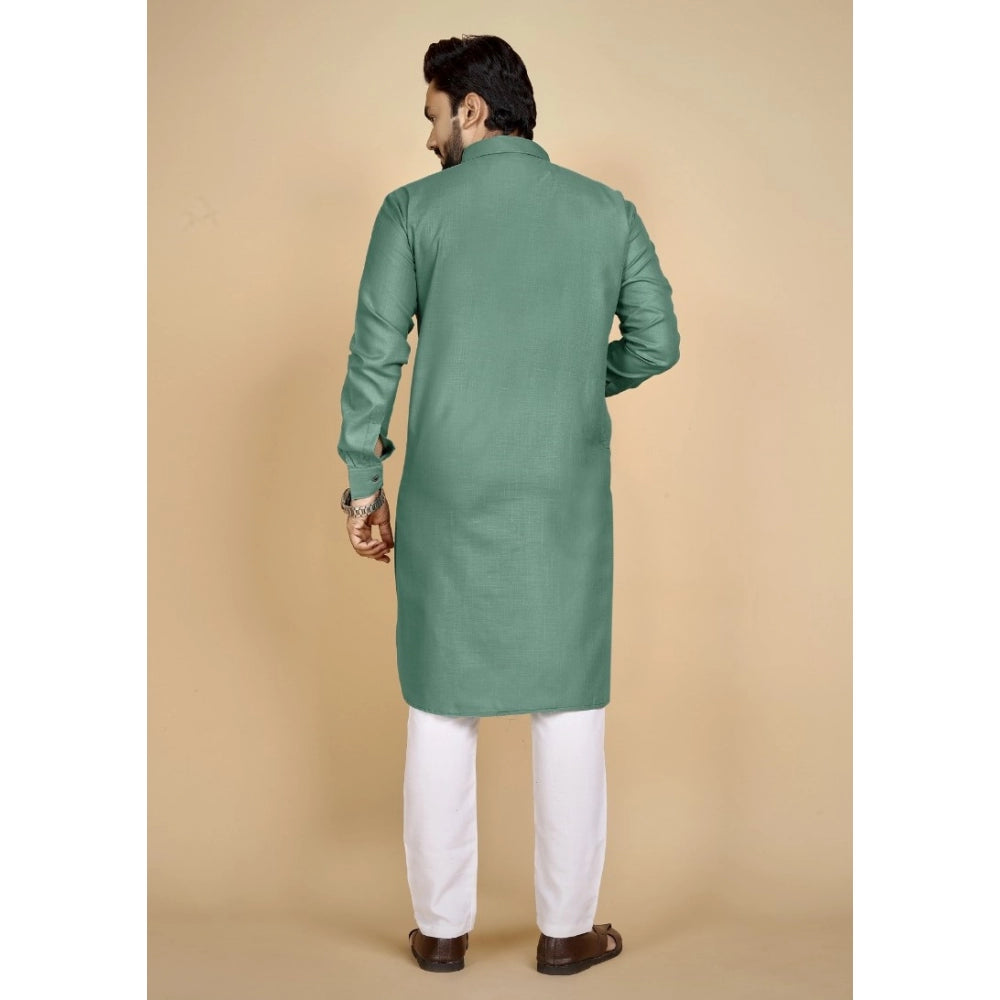 Generic Men's Cotton Blend Solid Full Sleeve Knee Length Kurta (Green)